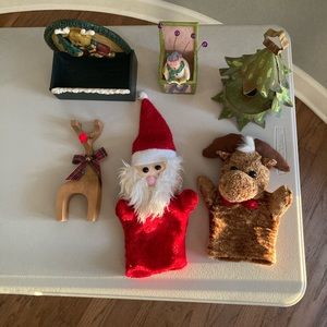 Lot of 6 Christmas decor - candleholder puppet deer&Santa bells box wooden deer